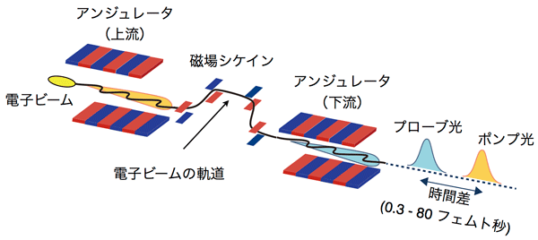図１:　SACLAのダブルパルス発振技術を利用したX線ポンプ・X線プローブ法の概略図。