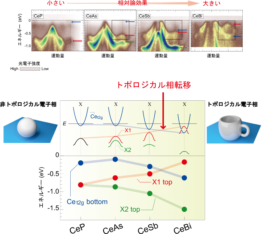 図２：軟X線を用いた光電子分光で観測されたセリウムモノプニクタイドの物質群の電子構造とトポロジカル相転移。