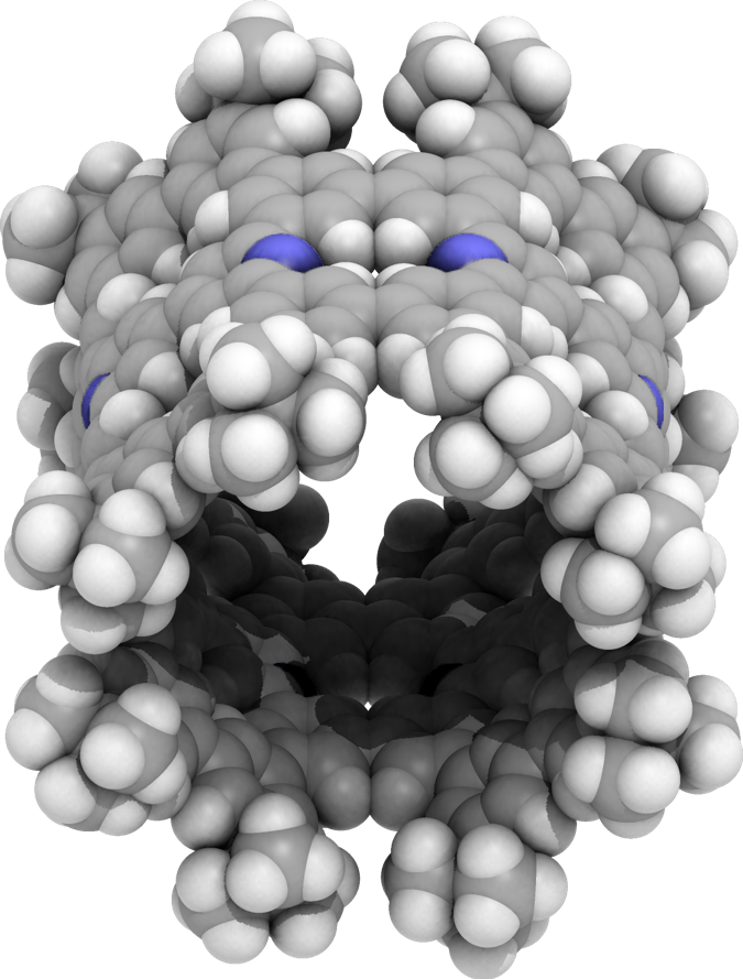 図２．窒素ドープ型ナノチューブ分子の分子構造。青い部分が窒素原子。