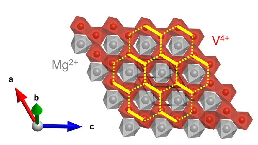 図1：本研究で決定したバナジン酸マグネシウムの結晶構造（室温)の模式図。
