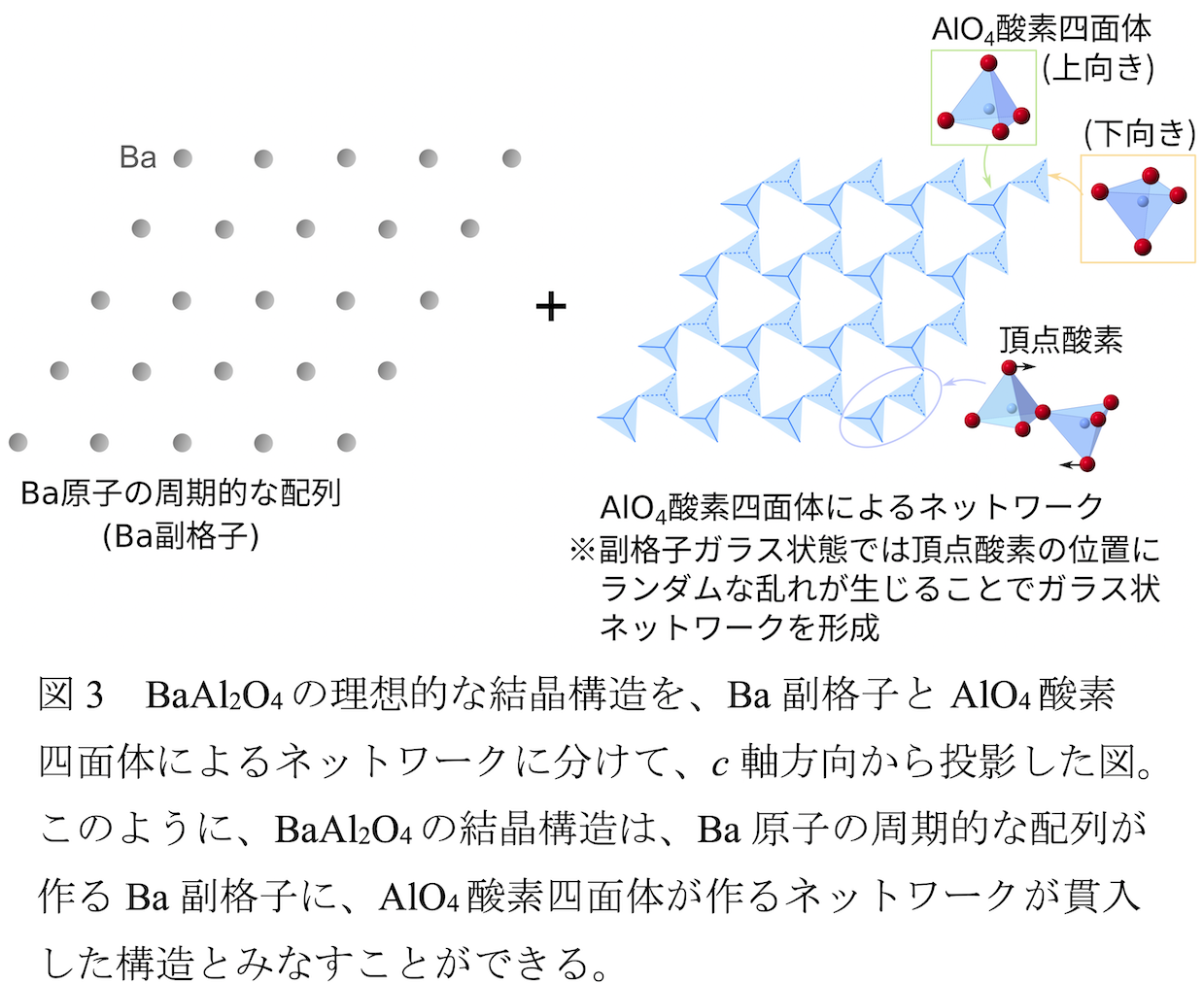 構造量子臨界点付近の結晶質固体Ba1-xSrxAl2O4が結晶・非晶質両方の