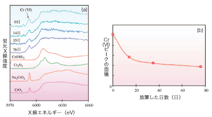 図2.クロムK吸収端の蛍光XANESスペクトル(a)と、6価クロム濃度の時間変化(b)。