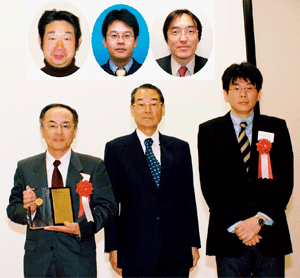 下段：新庄室長（左）、田辺主任研究員（右）上段：長井研究員（左）、三宅GM（中）、坂神室長（右）