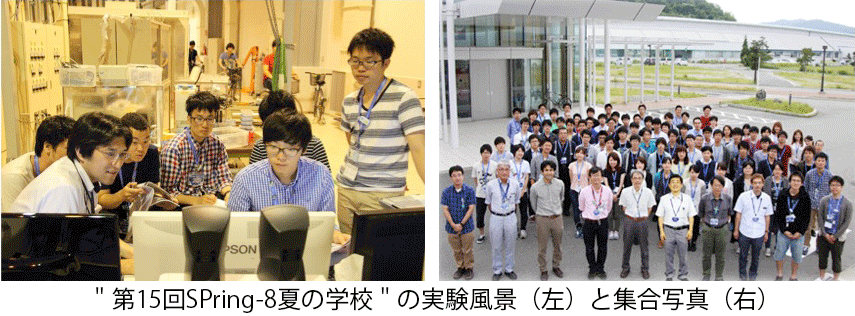 “第15回SPring-8夏の学校”の実験風景（左）と集合写真（右）