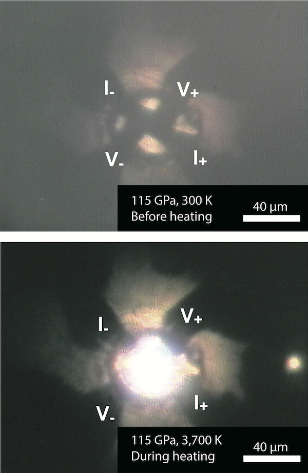 図3　ダイヤモンドアンビルセル装置を用いた鉄試料の加熱状態。上段が加熱前（300 K）、下段が加熱中（3,700 K）