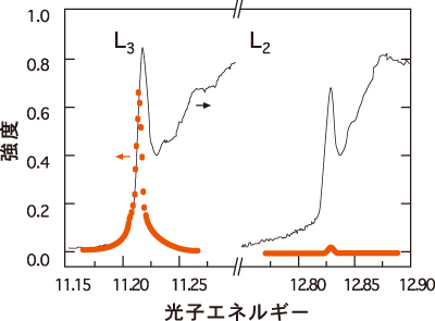 図2.Sr2IrO4の磁気X線回折強度(赤)とX線吸収強度(黒実線)のエネルギー依存性