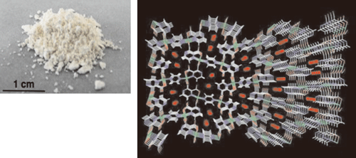 図2．多孔性配位高分子の粉末結晶（左）と拡大イメージ（右）。