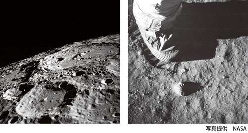 図1．月表面のクレーター（左）　レゴリス（右）